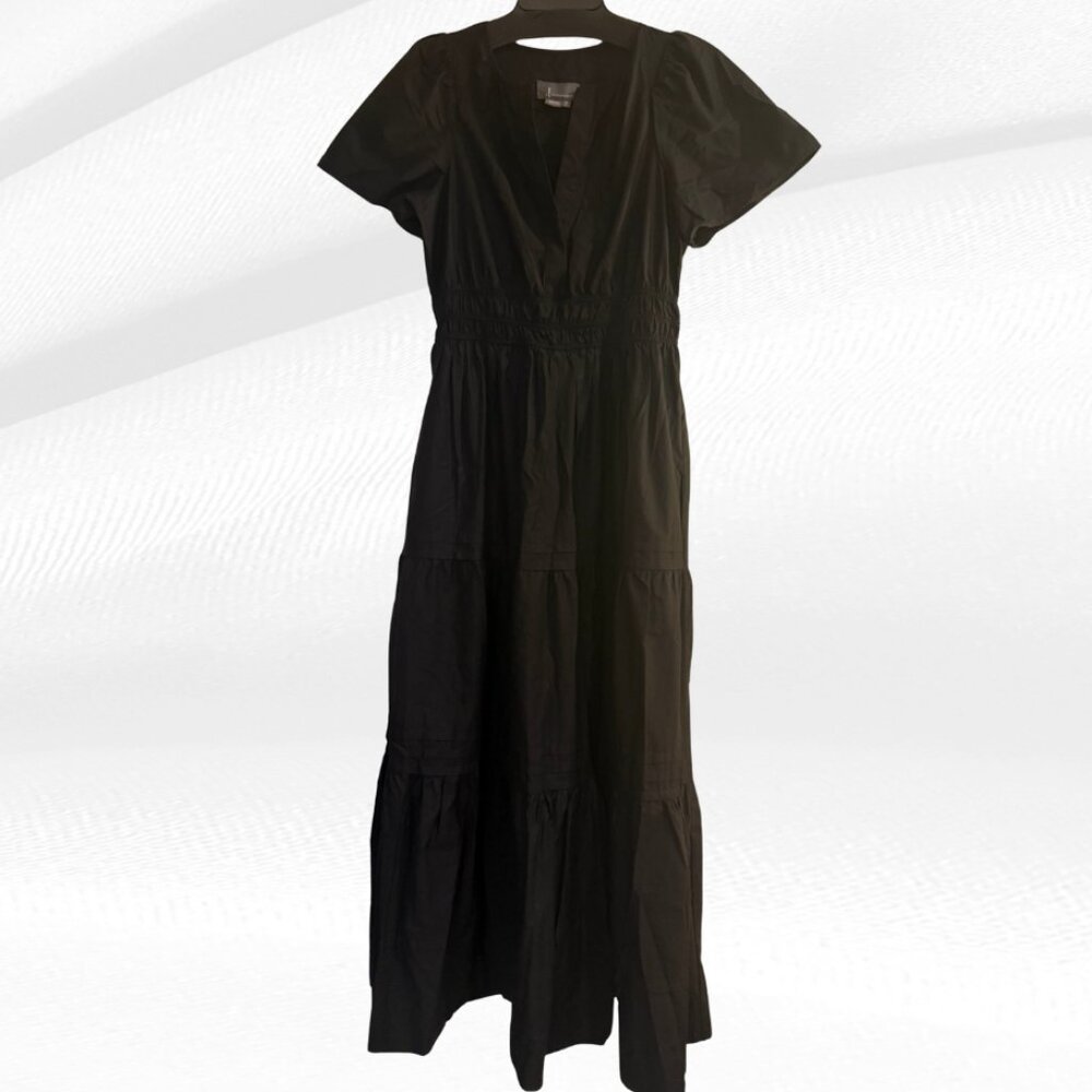 Anthropologie Black Cotton Tiered Maxi Dress Short Sleeve V-Neck Size 2 EUC